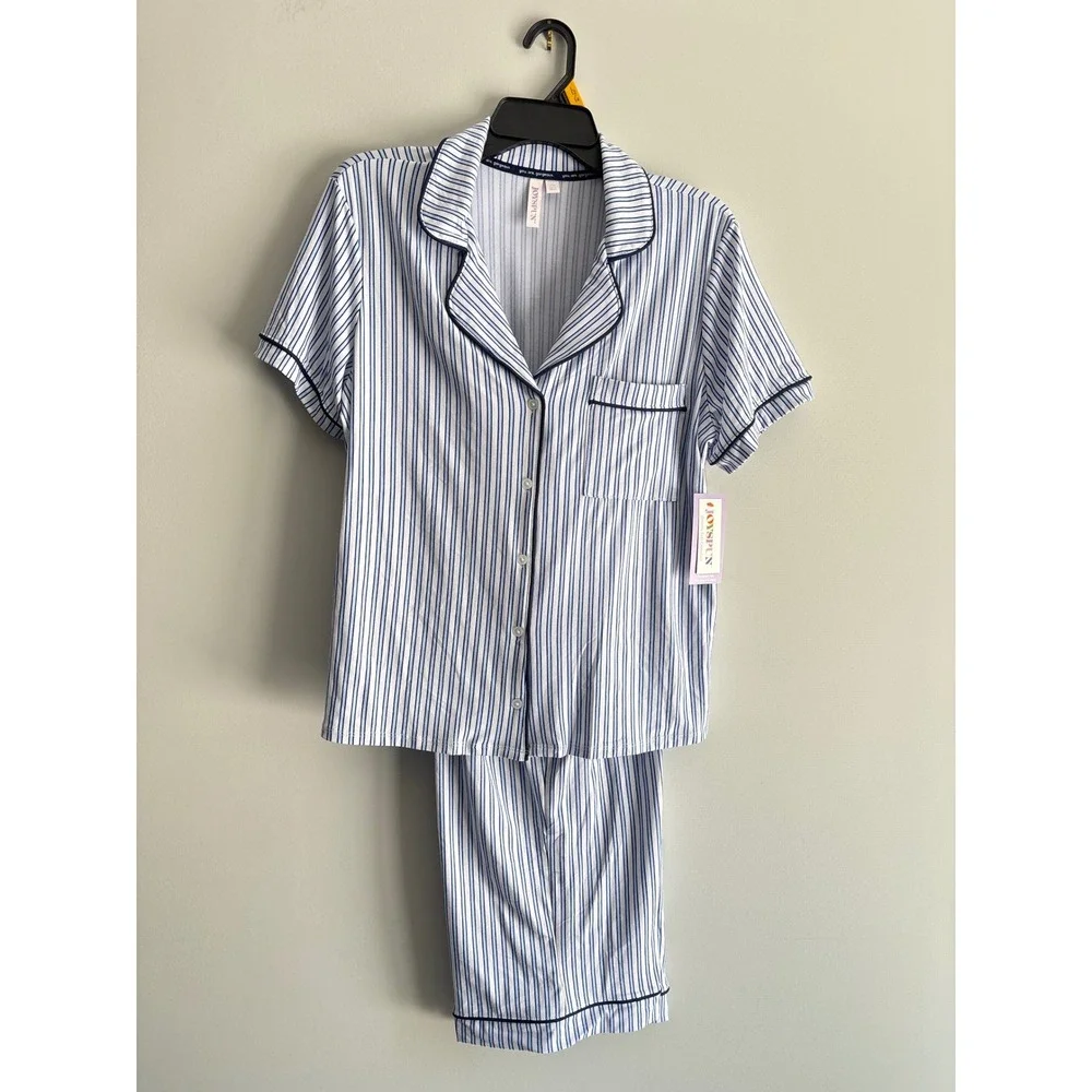 Joyspun Pajama Set Women L Blue White Striped New Short Sleeve Button Down 2PC